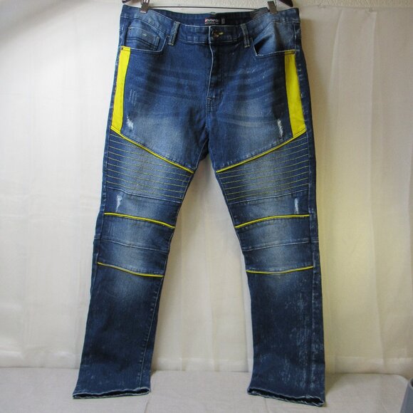 Southpole Jeans Men 38x32 Blue Yellow Distressed Slim Fit Moto Grunge Biker Y2K